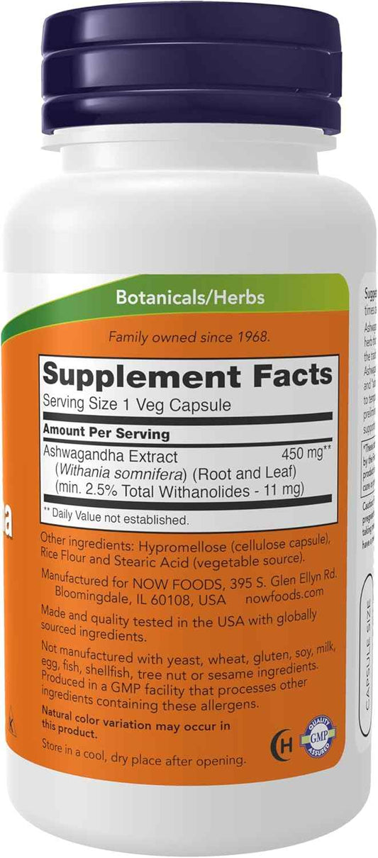 NOW Supplements Ashwagandha 450 mg – Desk-Side Adaptogen for Busy Workday Focus, 90 Veg Capsules