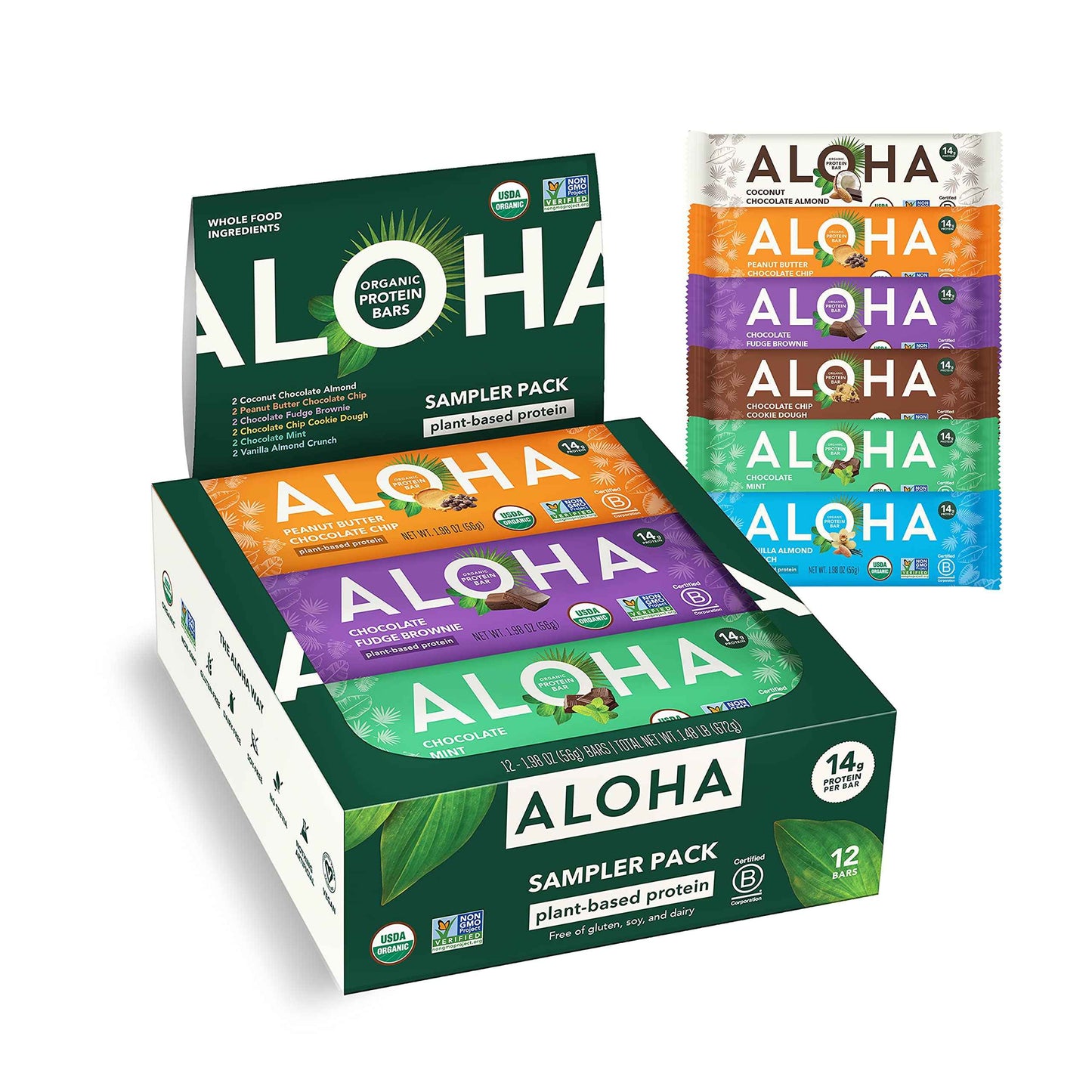 ALOHA Organic Plant Based Protein Bars |Peanut Butter Chocolate Chip | 1.98 Oz (Pack of 12) | Vegan, Low Sugar, Gluten Free, Paleo, Low Carb, Non-GMO, Stevia Free, Soy Free, No Sugar Alcohols
