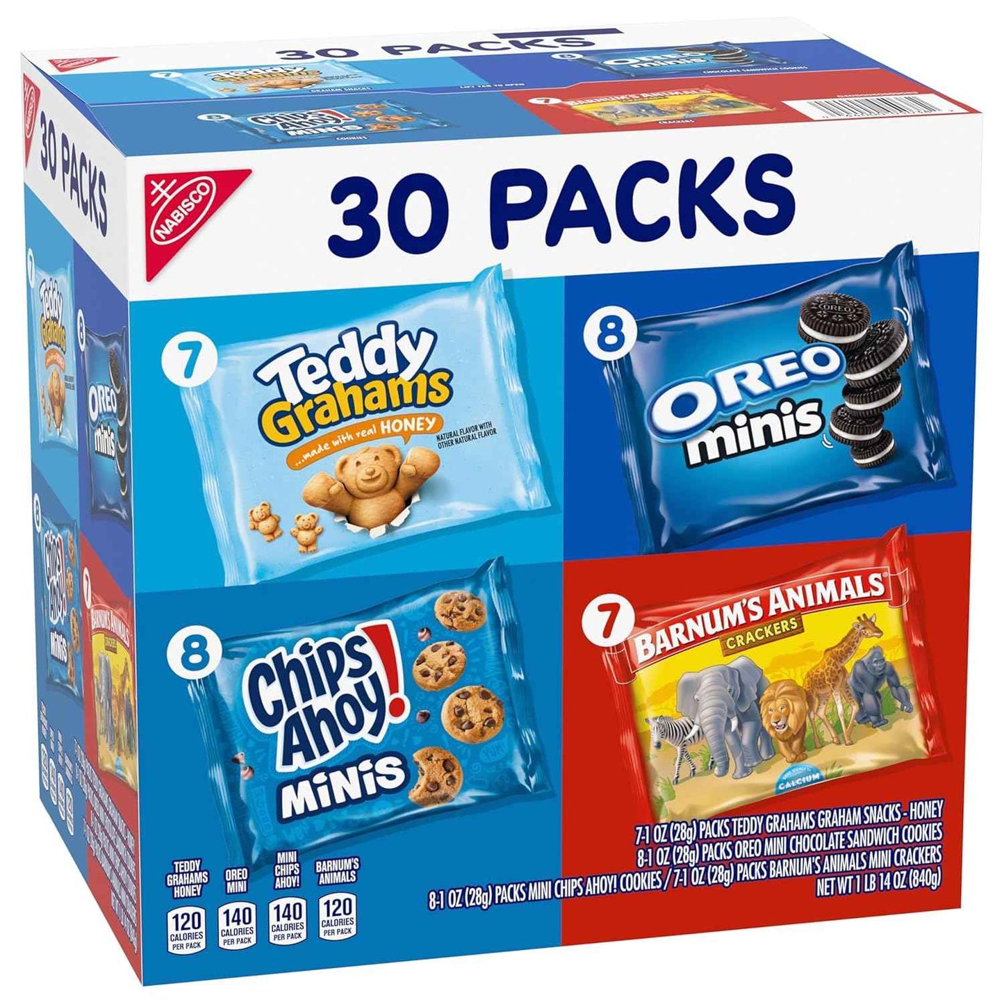 Nabisco Team Favorites Variety Pack, OREO Mini, CHIPS AHOY! Mini, Teddy Grahams Honey & Barnum's Animal Crackers, 30 Snack Packs