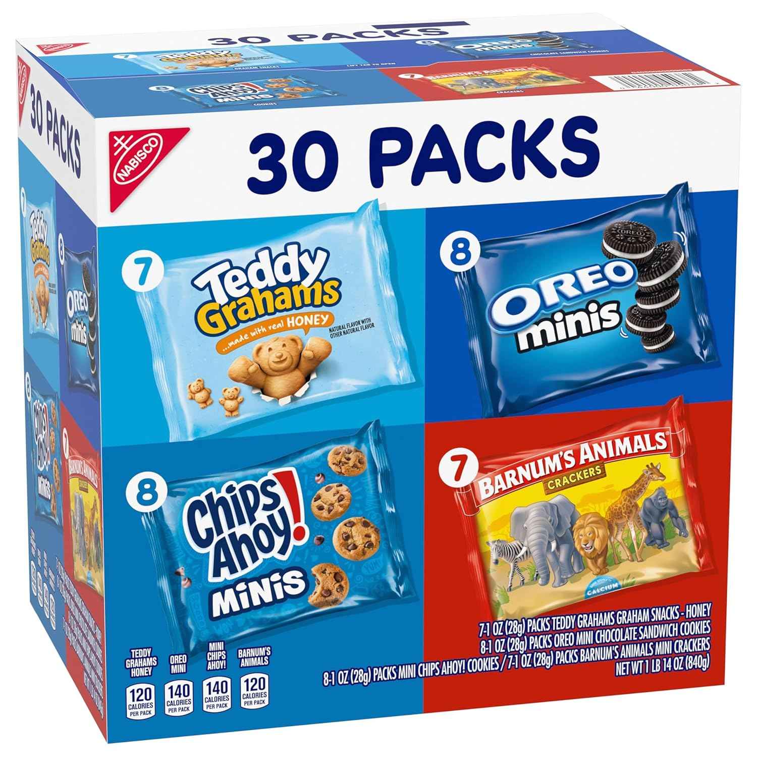 Nabisco Team Favorites Variety Pack, OREO Mini, CHIPS AHOY! Mini, Teddy Grahams Honey & Barnum's Animal Crackers, 30 Snack Packs