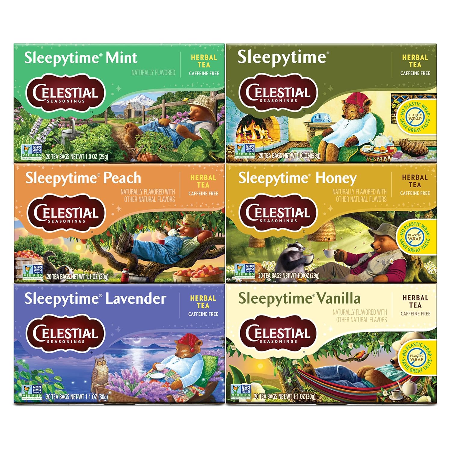 Celestial_Seasonings_Sleepytime_Herbal_Tea,_Variety_Pack_-_Caffeine_Free_Sleep_Tea,_20_Tea_Bags_Per_Box_(Pack_of_6)