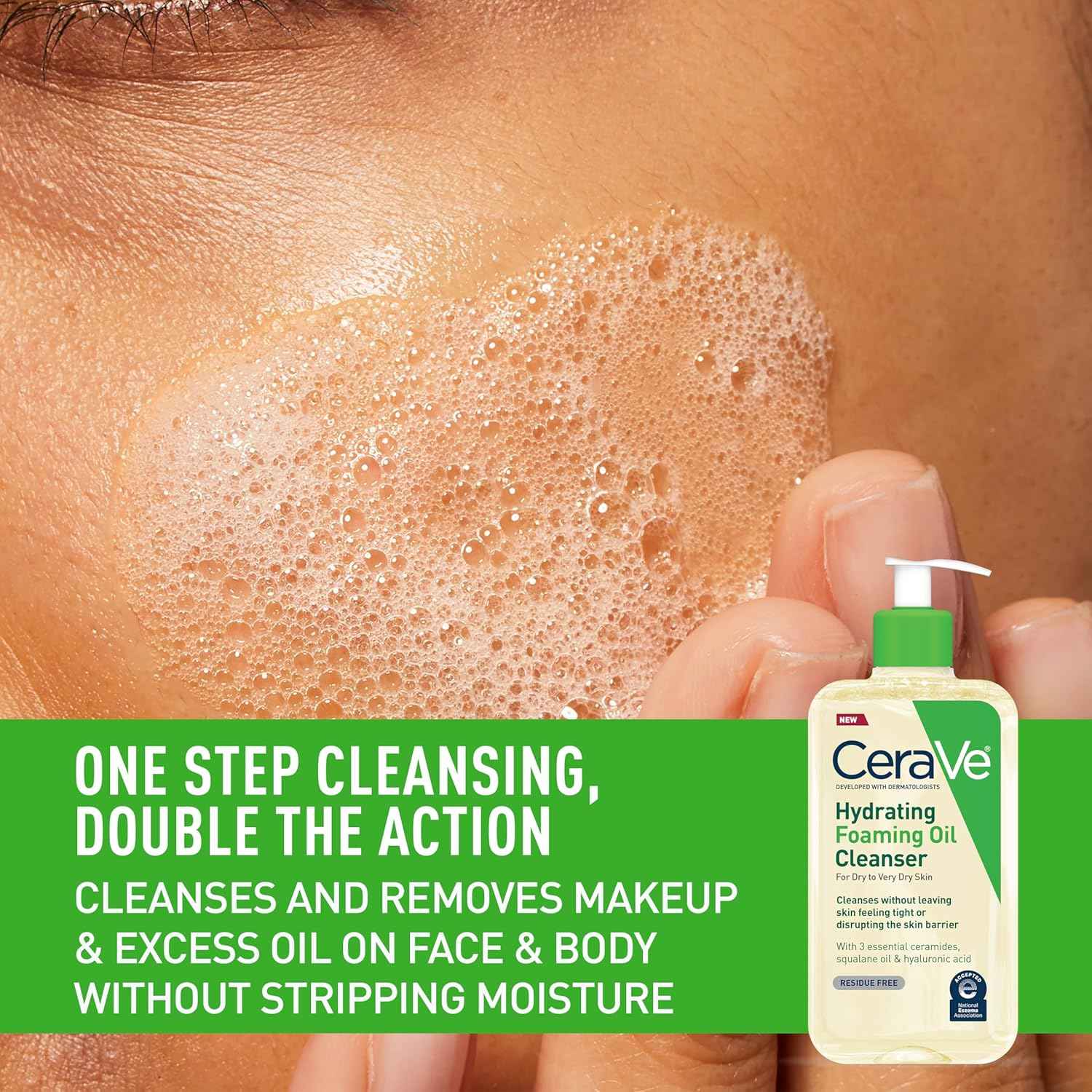 CeraVe Hydrating Foaming Oil Cleanser, Moisturizing Oil Cleanser for Face & Body, Squalane Oil + Hyaluronic Acid + Ceramides, For Dry to Very Dry Skin, Fragrance Free & Residue Free