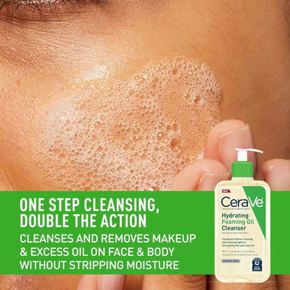 CeraVe Hydrating Foaming Oil Cleanser, Moisturizing Oil Cleanser for Face & Body, Squalane Oil + Hyaluronic Acid + Ceramides, For Dry to Very Dry Skin, Fragrance Free & Residue Free