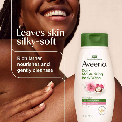 Aveeno Daily Moisturizing Body Wash with A Shea Butter Berry Scent & Soothing Prebiotic Oat, Provides Long-Lasting Hydration for Sensitive Skin, Hypoallergenic, Paraben-Free, 18 fl. oz