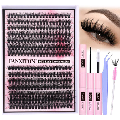FANXITON DIY Individual Eyelash Extension Kit, Thick Volume Lash Clusters 40D+50D D Curvature, 280 Pieces Thin Band Cluster Lashes with Bond and Seal Tweezers