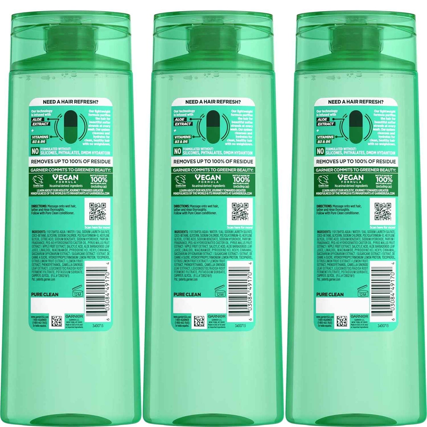 Garnier Fructis Pure Clean Purifying Shampoo, Silicone-Free, 12.5 Fl Oz