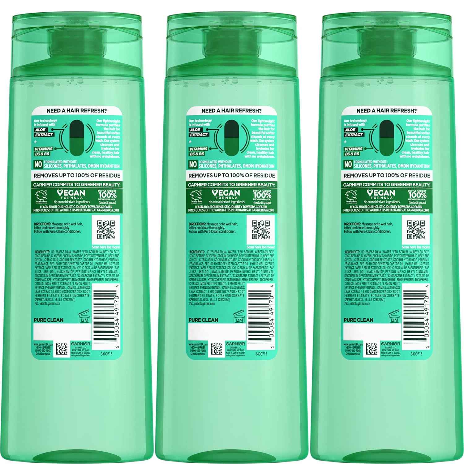 Garnier Fructis Pure Clean Purifying Shampoo, Silicone-Free, 12.5 Fl Oz