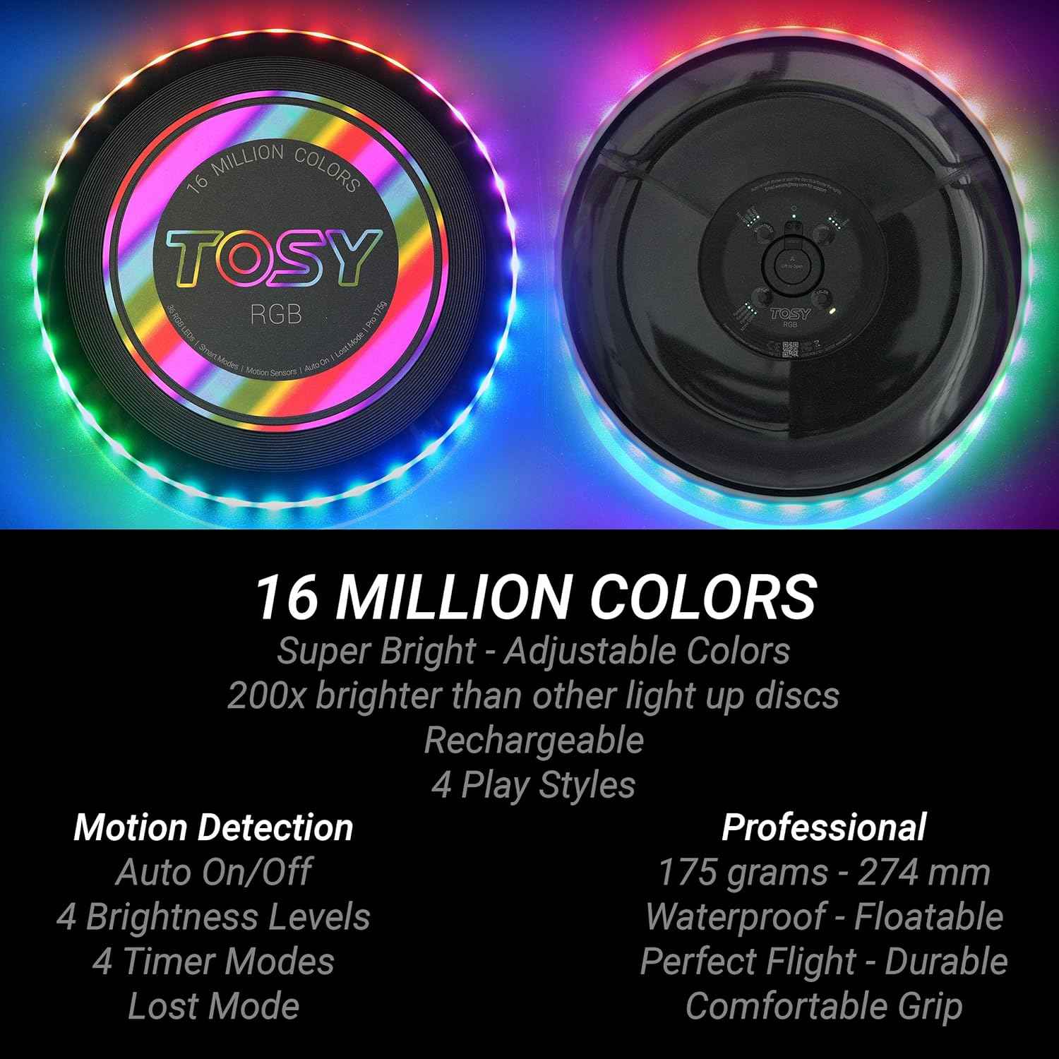 TOSY Flying Disc - 108 RGB Multicolor or 36 Monocolor LEDs, Super Bright, Smart Modes, Easter Basket Stuffers Gift, Camping Toy for Kid/Teen/Adult, Auto Light Up, Rechargeable, Waterproof, 175g