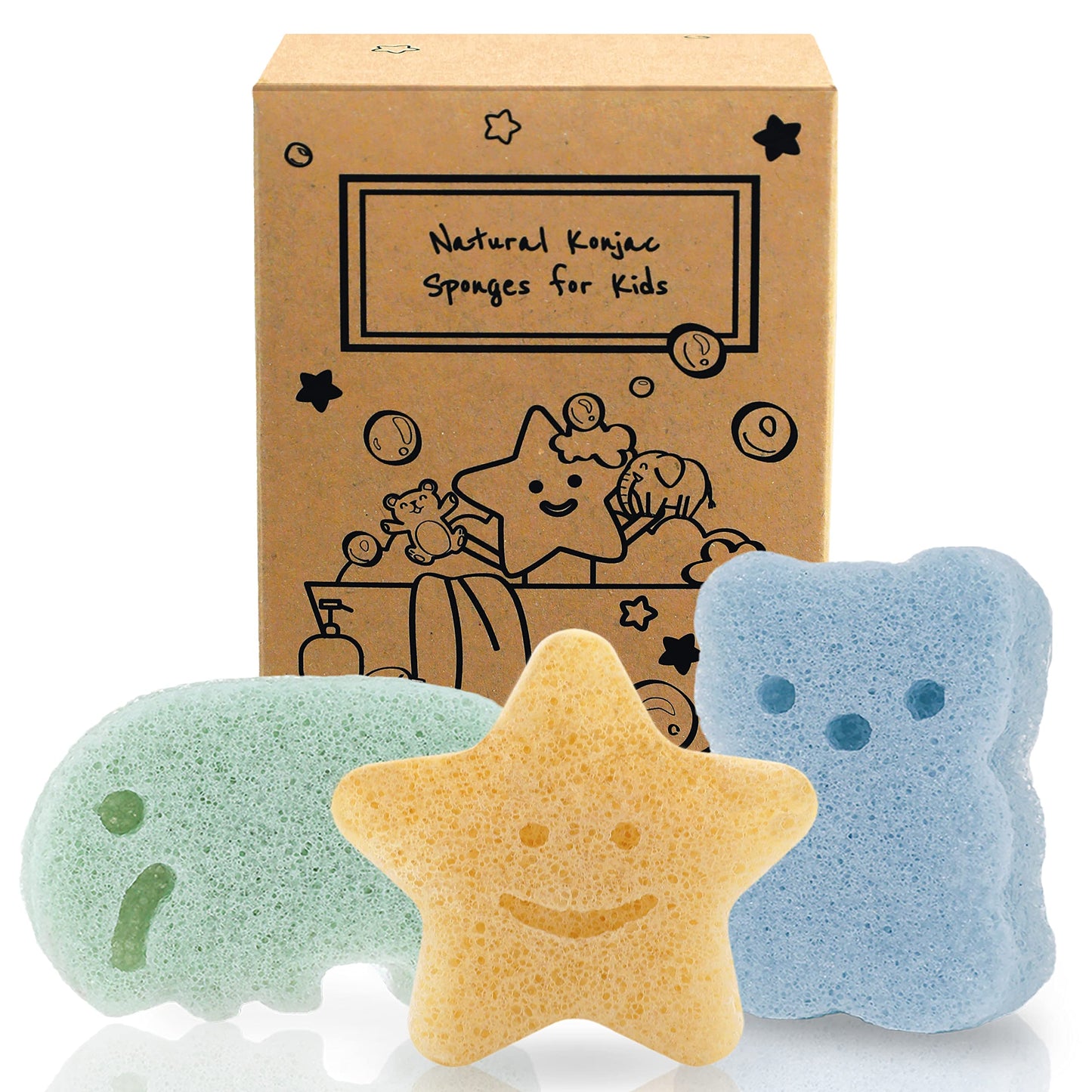 myHomeBody Konjac Baby Sponge for Bathing, Cute Shapes Natural Kids Bath loofah for Infants, Toddler, Newborns, Safe Plant-Based, 3pc. Set: Elephant, Bear &amp;amp; Star