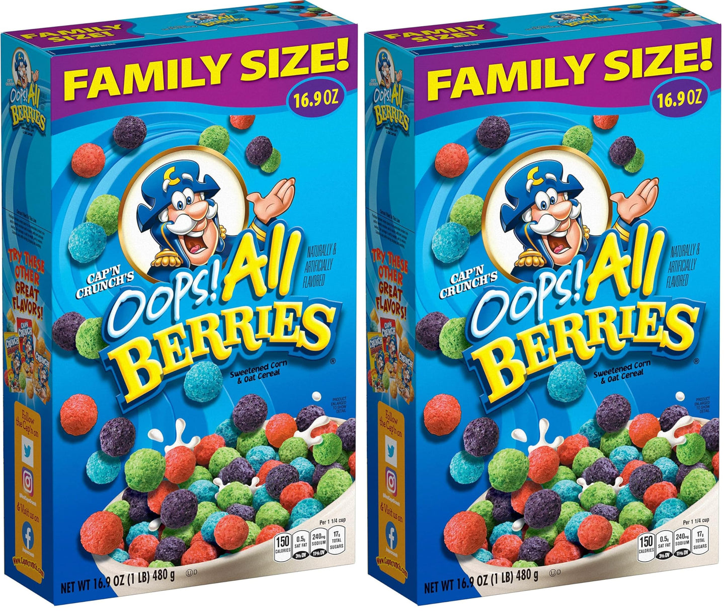 Cap&amp;#39;n Crunch Cereal, Oops All Berries, 16.9oz Box (Packaging May Vary) (Pack of 2)