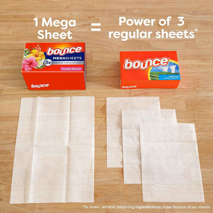 Bounce Mega Dryer Sheets, Paradise Blossom, Mega Fabric Softener Sheets with Static Control, Wrinkle Reduction, Extra Softness, Lasting Scent, Repels Lint