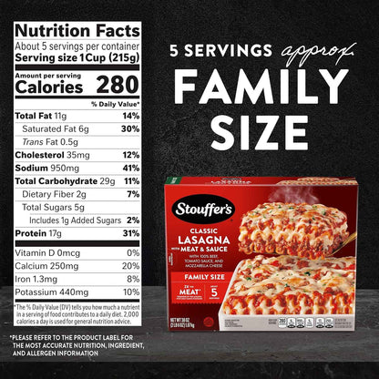 Stouffer's Classic Lasagna with Meat and Sauce, Family Size, Easy Frozen Dinners, Meat Lasagna, Oven Ready, Family Frozen Meals