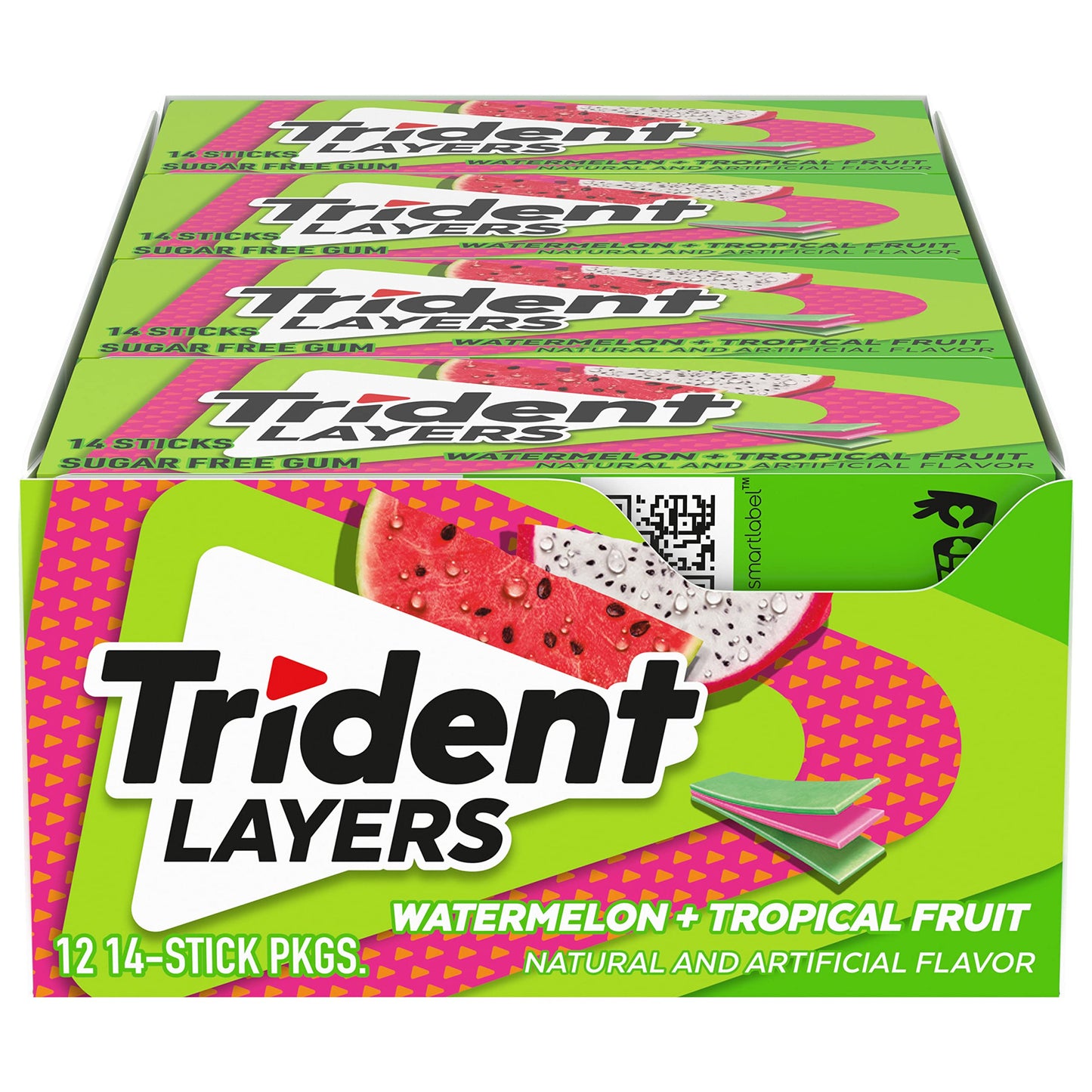 Trident Layers Watermelon &amp;amp; Tropical Fruit Sugar-Free Chewing Gum, 12 Packs of 14 Pieces (168 Total Pieces)