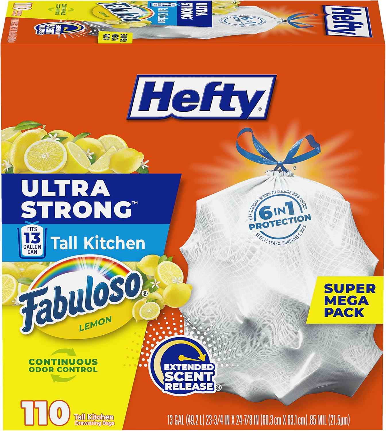 Hefty Ultra Strong 13 Gallon Trash Bags, Tall Kitchen Trash Bags 13 Gallon Size, Resist Leaks, Punctures, and Rips, Continuous Odor Control, White, Fabuloso Lemon Scent, 110 Bags