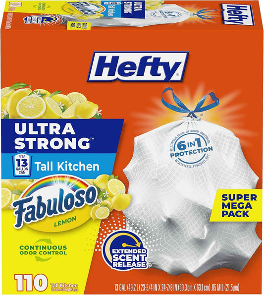 Hefty Ultra Strong 13 Gallon Trash Bags, Tall Kitchen Trash Bags 13 Gallon Size, Resist Leaks, Punctures, and Rips, Continuous Odor Control, White, Fabuloso Lemon Scent, 110 Bags