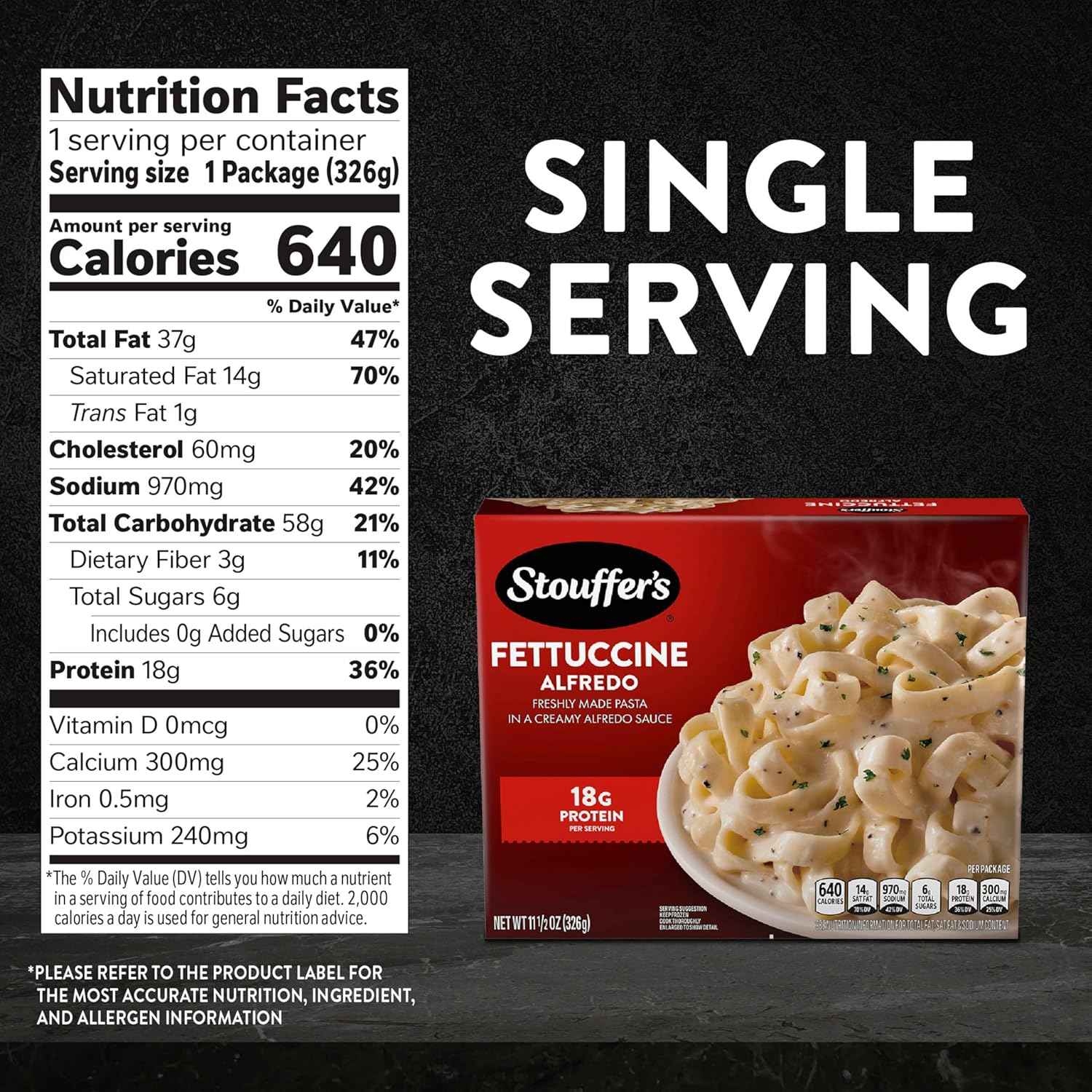 Stouffer’s Fettuccine Alfredo, Single Serve, Frozen Pasta, Oven or Microwave Dinner, Single Frozen Meals