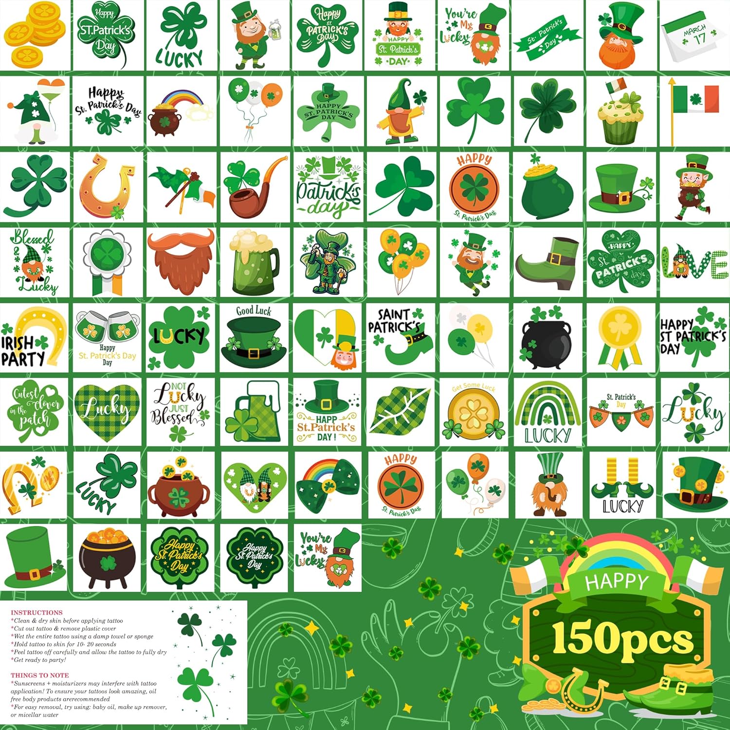 150_Pack_St_Patricks_Day_Tattoos_-_St_Patricks_Day_Accessories_-_St._Patricks_Day_Shamrock_Decorations_Gifts_for_Kids_Stickers_Games_Toys_Crafts_Party_Favors_|_St_Patricks_Day_Shirt_Women
