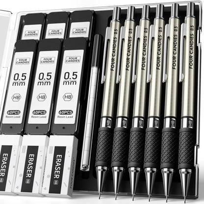 6PCS Metal Mechanical Pencil Set with 0.5 mm Fine Point, 360 Leads, 12 Erasers, Art Mechanical Pencils Pack with Storage Case for School Writing, Sketching, Drawing &amp;amp; Professional Drafting