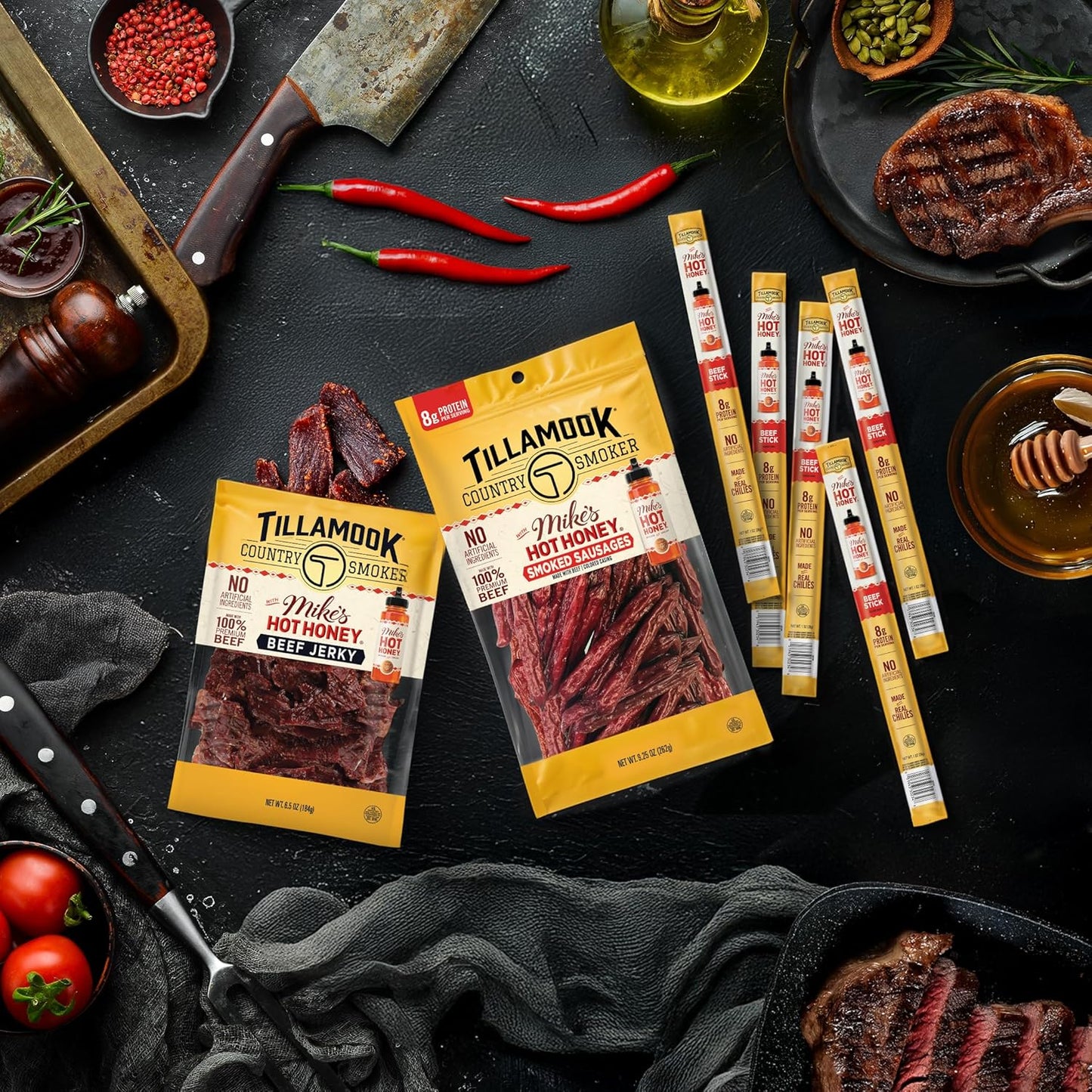 Tillamook_Country_Smoker_Beef_Smoked_Sausages,_Mike's_Hot_Honey,_3.6_Ounce,_Real_Hardwood_Smoked_Sausages,_Low_Carb,_High_Protein,_Ready_to_Eat_Sweet_&_Spicy_Snack