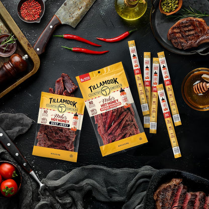 Tillamook_Country_Smoker_Beef_Smoked_Sausages,_Mike's_Hot_Honey,_3.6_Ounce,_Real_Hardwood_Smoked_Sausages,_Low_Carb,_High_Protein,_Ready_to_Eat_Sweet_&_Spicy_Snack