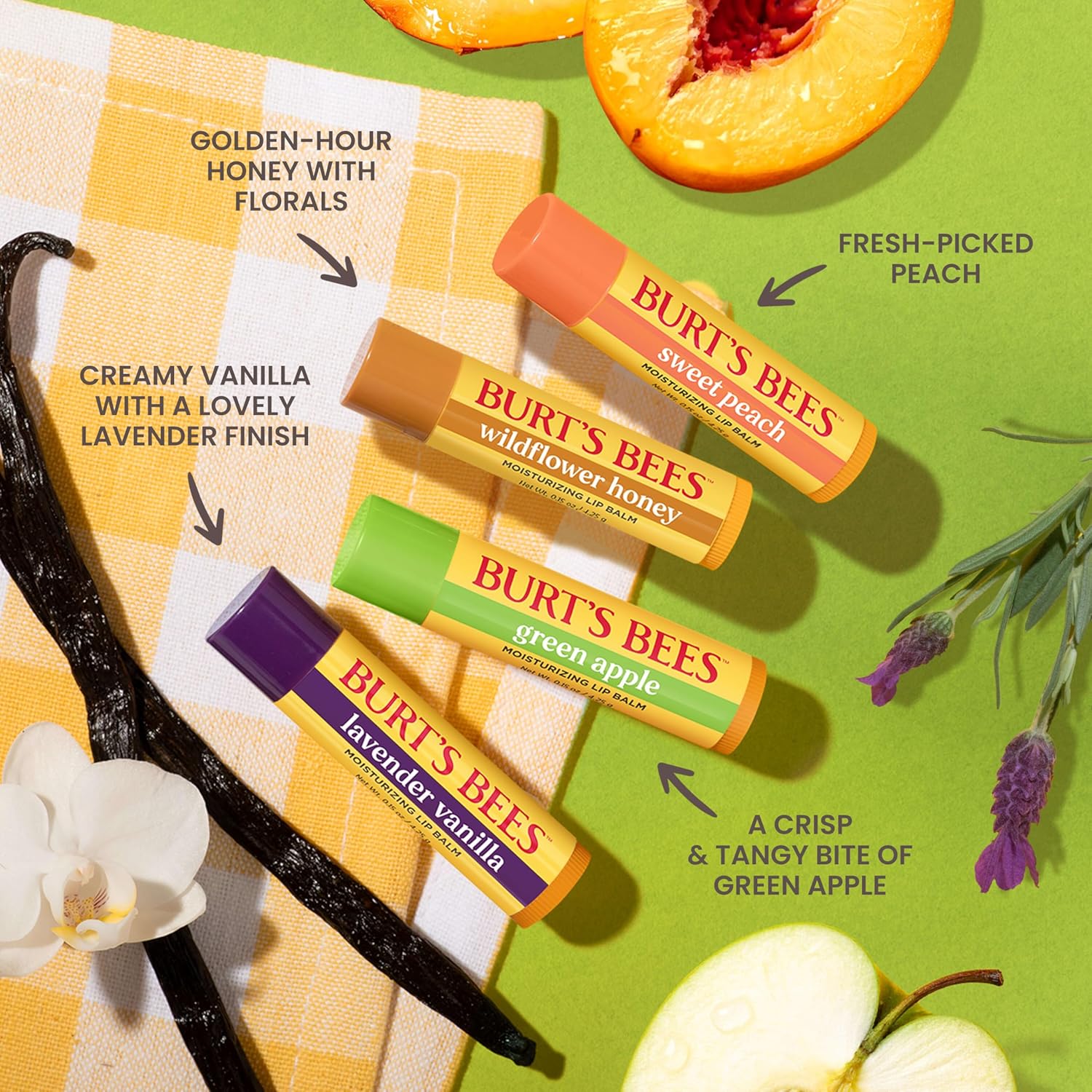 Burt's_Bees_4_Pack_Lavender_Vanilla,_Sweet_Peach,_Green_Apple,_Wildflower_Honey;_24_Hour_Moisture_Moisturizing_Lip_Balm,_100%_Natural_Origin,_Mother's_Day_Gift,_4_Tubes,_0.15_oz