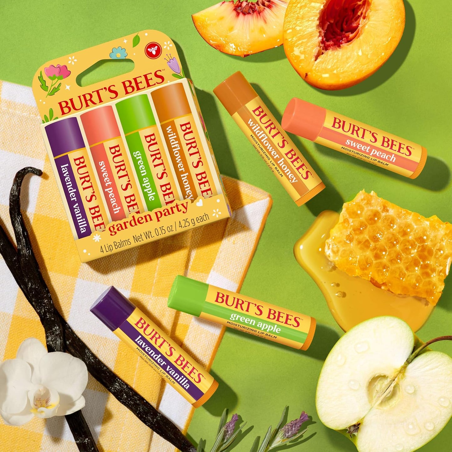 Burt's_Bees_4_Pack_Lavender_Vanilla,_Sweet_Peach,_Green_Apple,_Wildflower_Honey;_24_Hour_Moisture_Moisturizing_Lip_Balm,_100%_Natural_Origin,_Mother's_Day_Gift,_4_Tubes,_0.15_oz