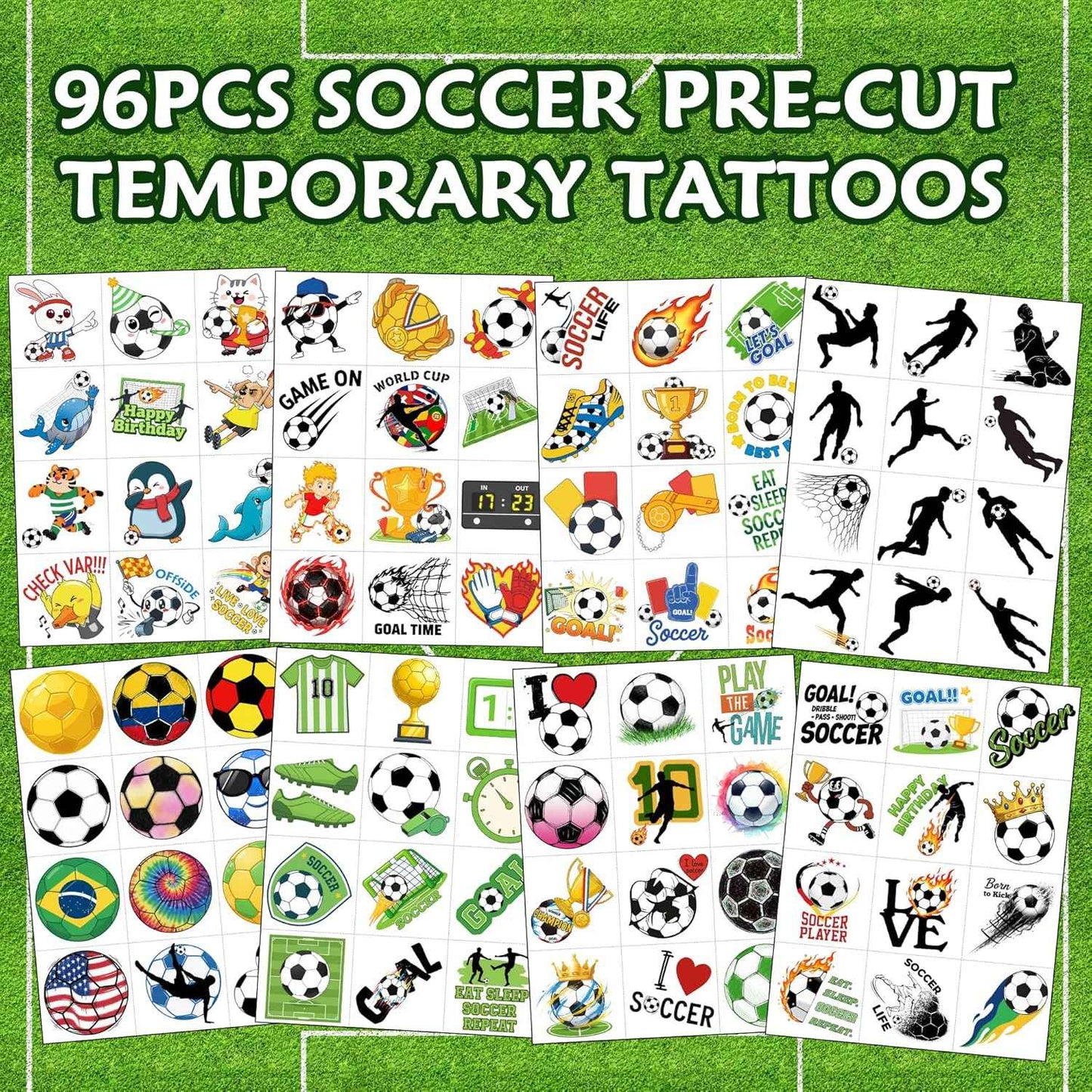 96PCS Soccers Temporary Tattoos Stickers - Sport Soccer Themed Birthday Party Favors Birthday Party Decorations Supplies Accessories Gift Idea For Kids Teen Boys Girls Classroom Prizes Rewards