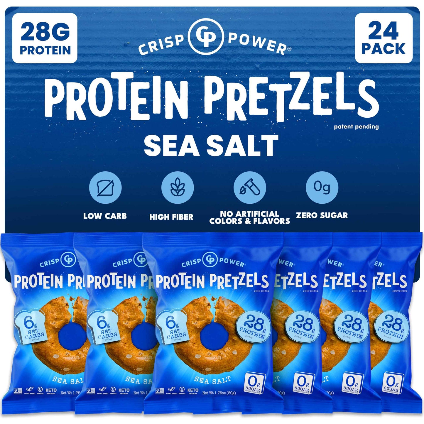 CRISP POWER Protein Pretzels, Variety Pack With Sea Salt, Sesame, & Everything, Up To 28G Protein, High Protein Snack, High Fiber, Low Carb Crunchy Pretzel Snacks, No Added Sugar, 1.75 oz Bags, 6 Pack, Vegan, Keto