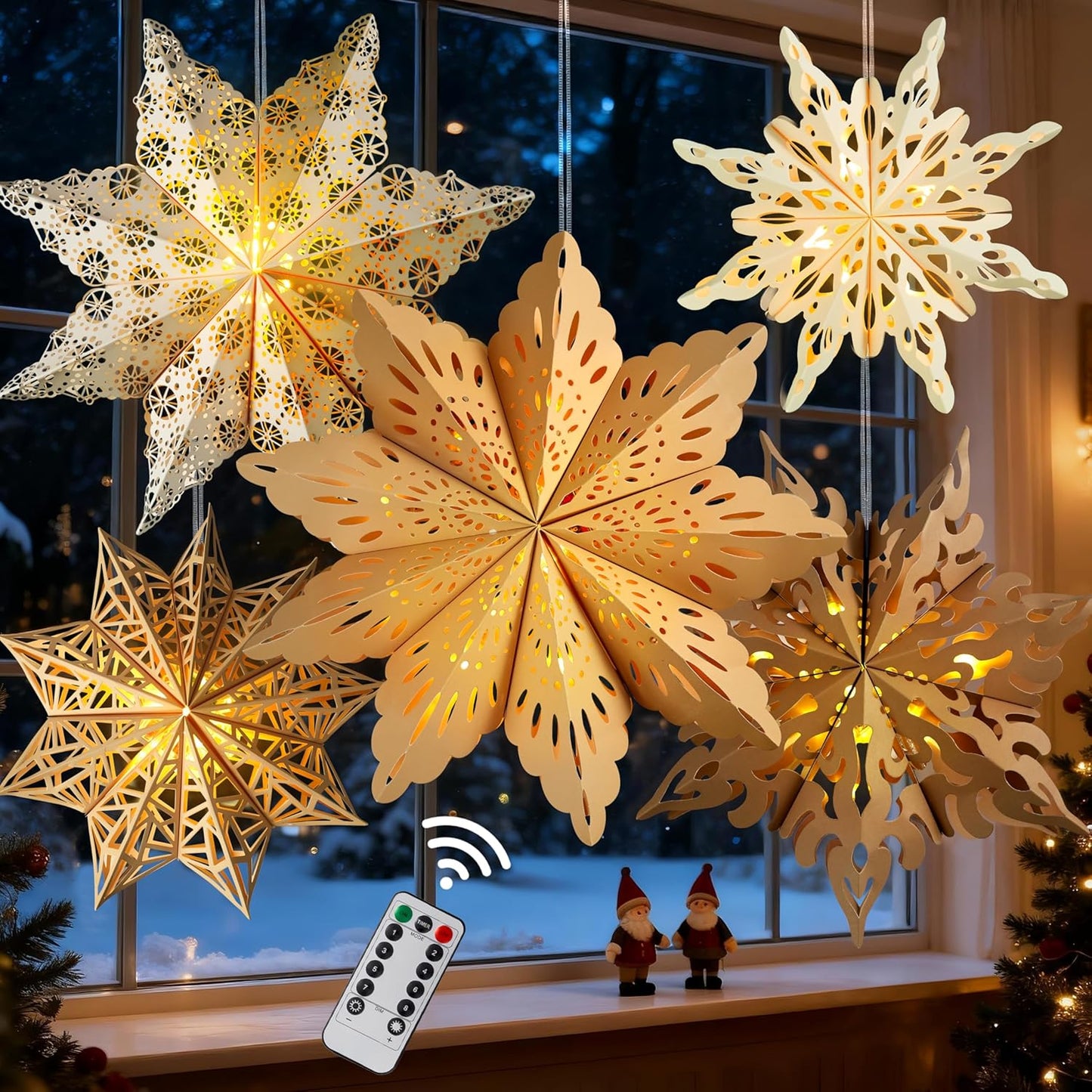 5Pcs_Christmas_Paper_Snowflake_Lanterns,_Large_Christmas_Paper_Star_Lanterns_with_LED_Lights_White_Beige_Khaki_Hanging_Snowflake_Lamps_for_Xmas_Winter_Frozen_Wedding_Birthday_Holiday_Party_Decorations