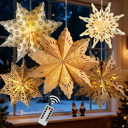 5Pcs_Christmas_Paper_Snowflake_Lanterns,_Large_Christmas_Paper_Star_Lanterns_with_LED_Lights_White_Beige_Khaki_Hanging_Snowflake_Lamps_for_Xmas_Winter_Frozen_Wedding_Birthday_Holiday_Party_Decorations