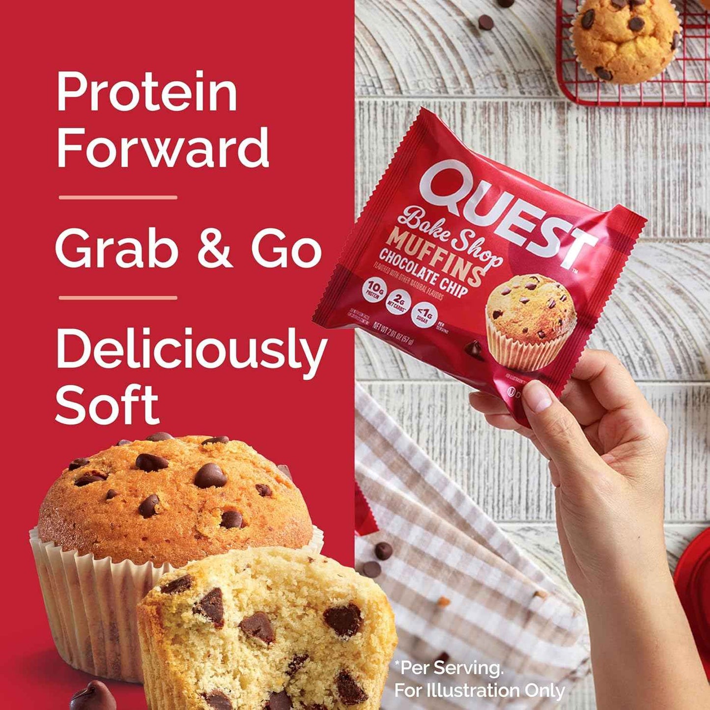 Quest Nutrition Chocolate Chip Muffin, 10g Protein, 2g Net Carb, Less than 1g Sugar, Protein Snack, 4 Count