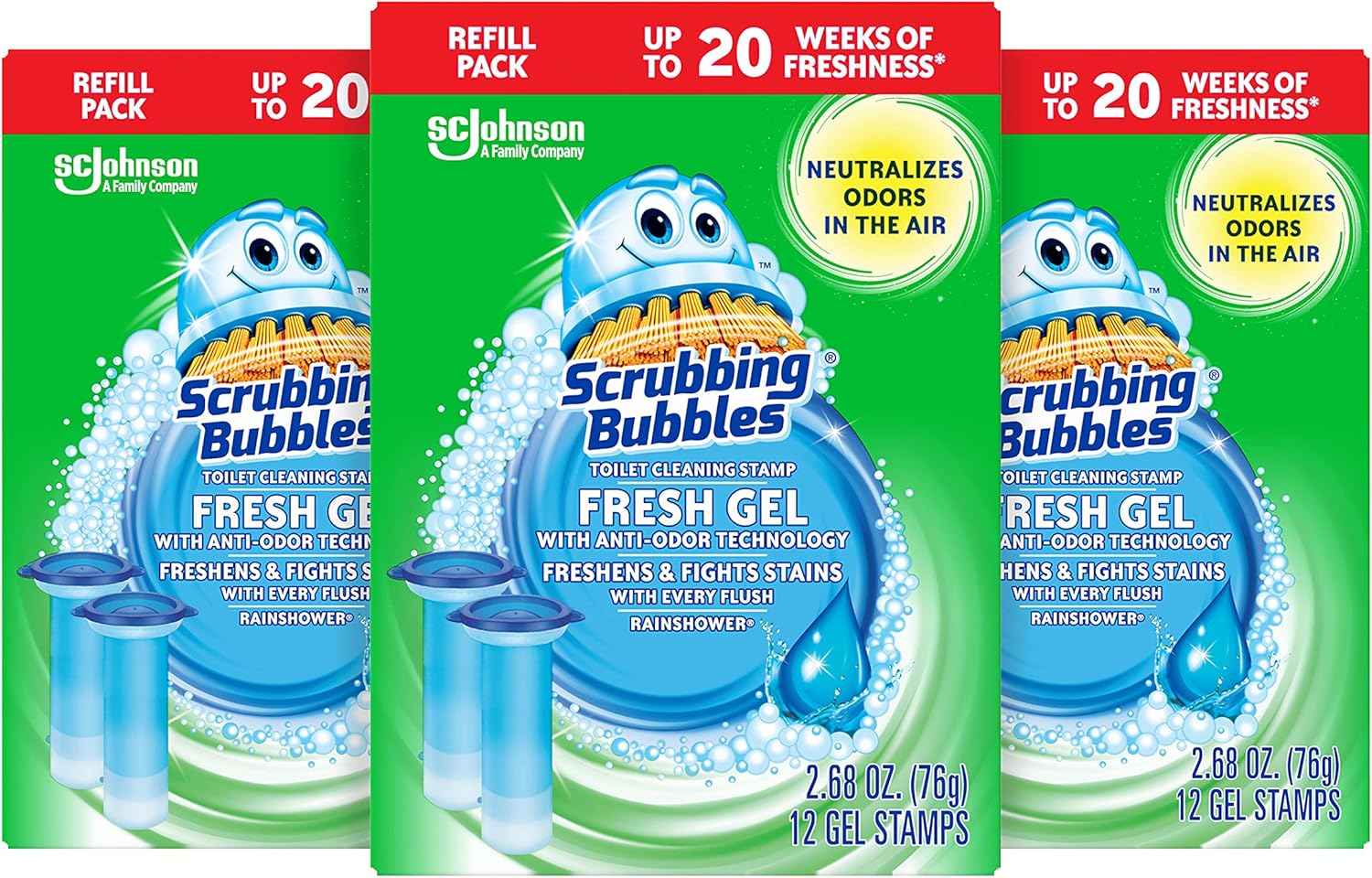 Scrubbing Bubbles Fresh Gel Toilet Bowl Cleaning Stamps Refills, Helps Keep Toilet Clean and Helps Prevent Limescale & Rings, Rainshower Scent