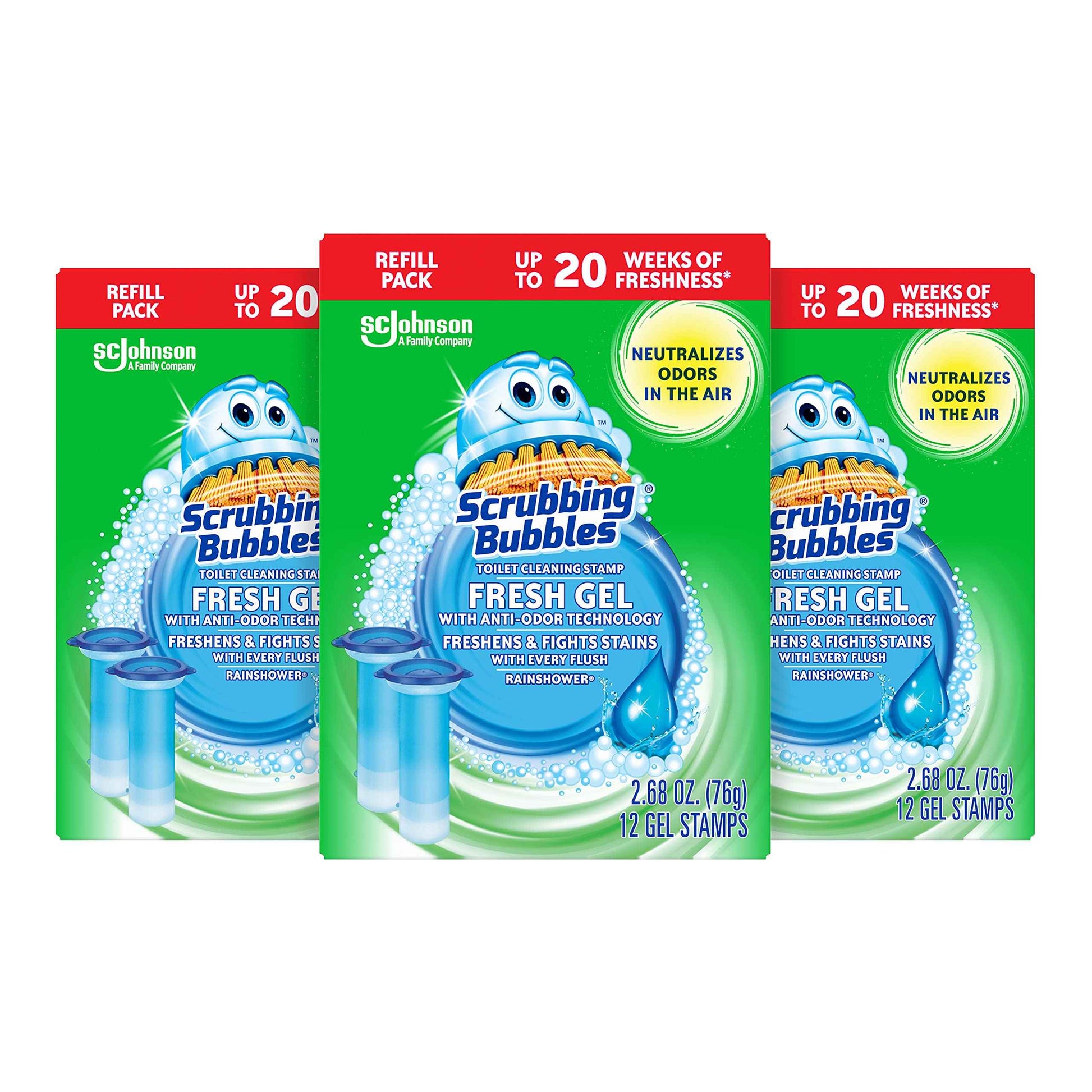 Scrubbing Bubbles Fresh Gel Toilet Bowl Cleaning Stamps Refills, Helps Keep Toilet Clean and Helps Prevent Limescale & Rings, Rainshower Scent