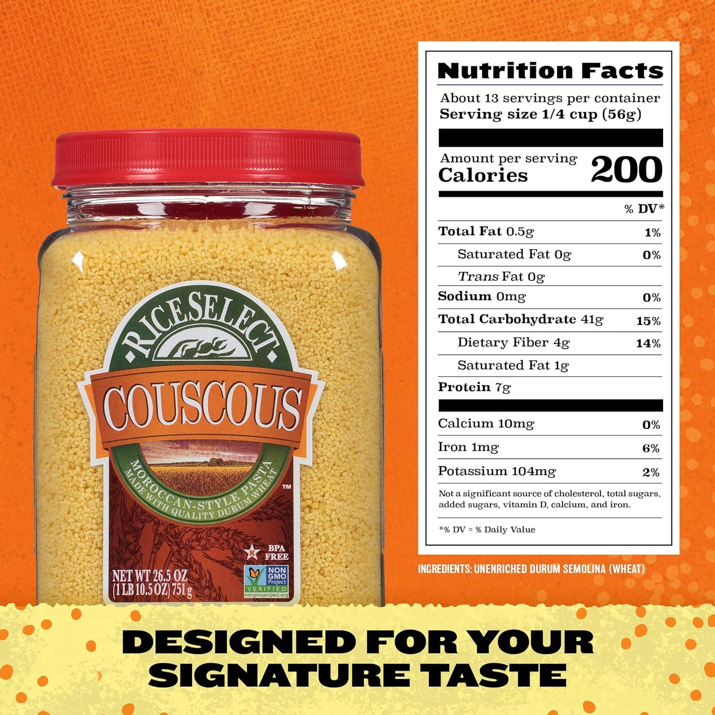RiceSelect_Couscous,_Moroccan-Style_Wheat_Couscous_Pasta,_Non-GMO,_26.5-Ounce_Jar,_(Pack_of_1)