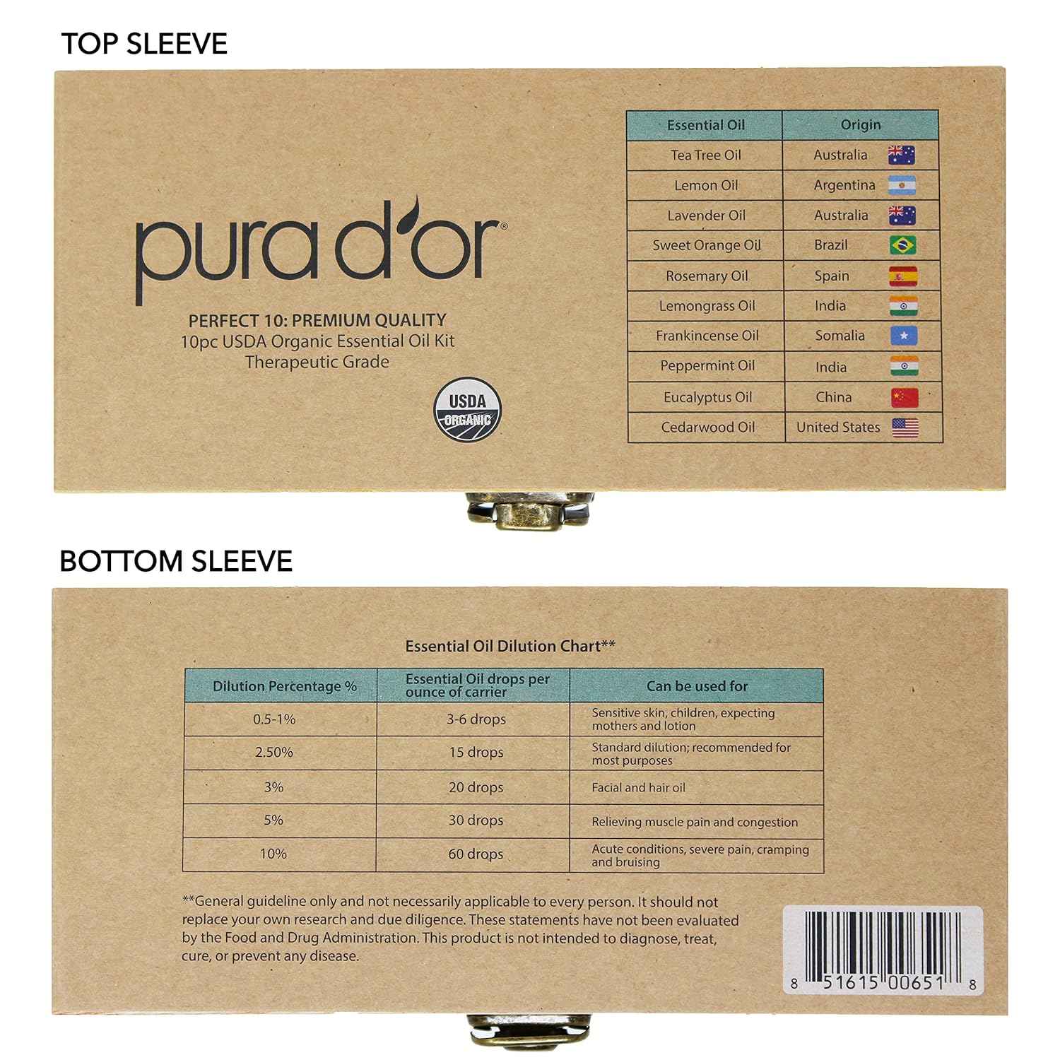 PURA D'OR Organic Perfect10 Essential Oils Set - 10x 10mL Wood Box Aromatherapy Gift Set - 100% Pure Therapeutic Grade for Relaxation and Wellness (Lavender, Peppermint, Eucalyptus, Tea Tree & More)