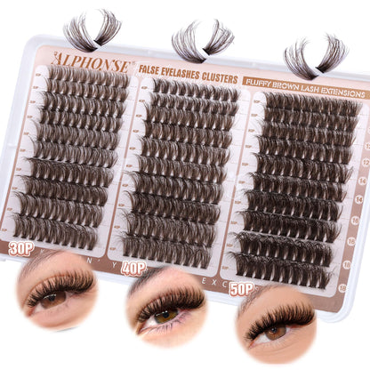 Brown Lash Clusters 30D+40D+50D Fluffier Lash Extensions 300pcs Brown Eyelash Clusters D-Curly Lashes Extensions 10-18mm Individuals by ALPHONSE