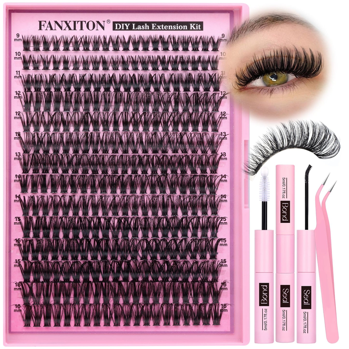 FANXITON DIY Lash Extension Kit 50D D Curl Individual Lashes Lash Clusters Kit Cluster Lashes Lash Bond and Seal and Lash Tweezers for Lash Clusters Kit DIY at Home, black
