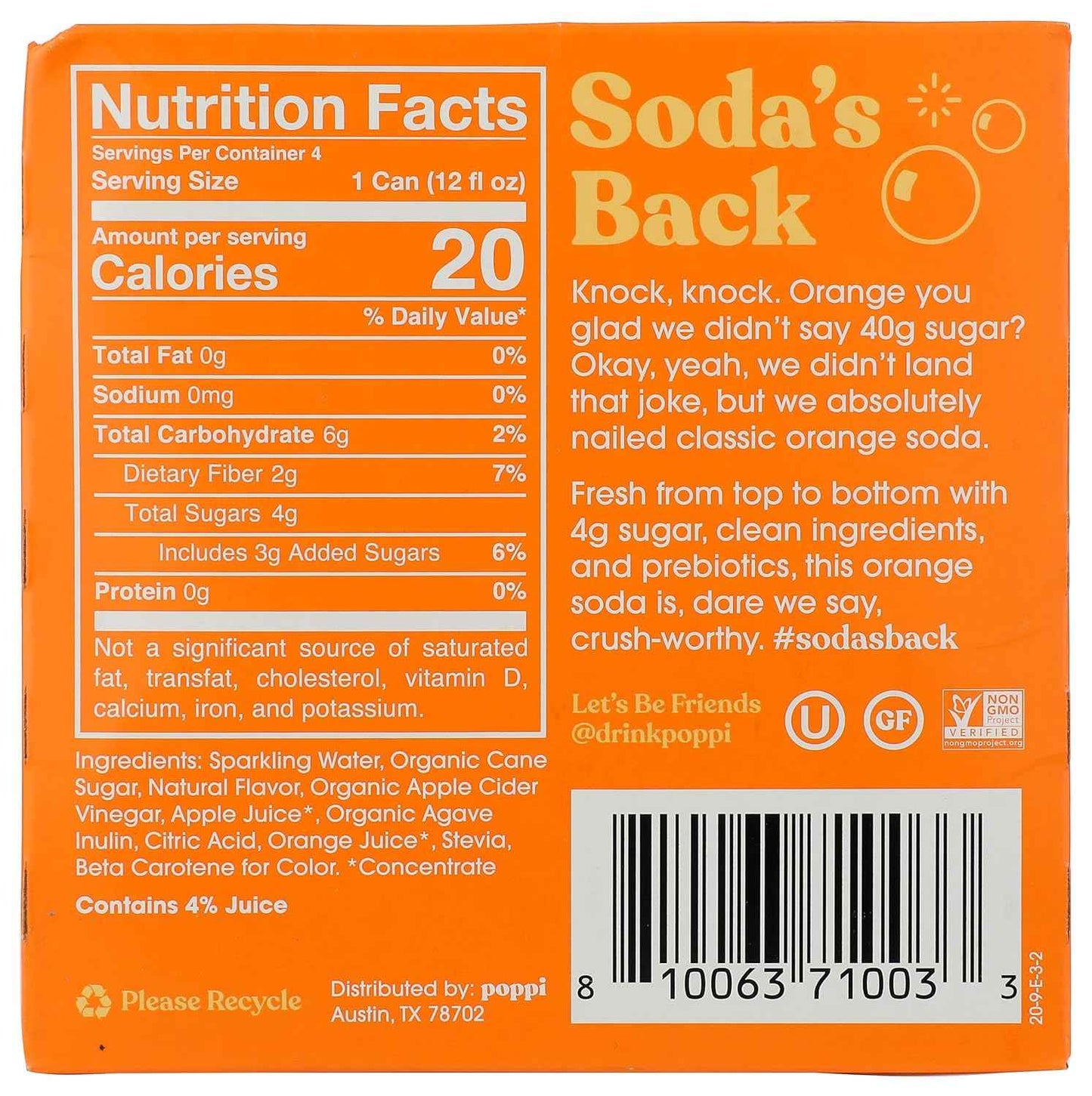 Poppi Orange Prebiotic Soda 4 pack