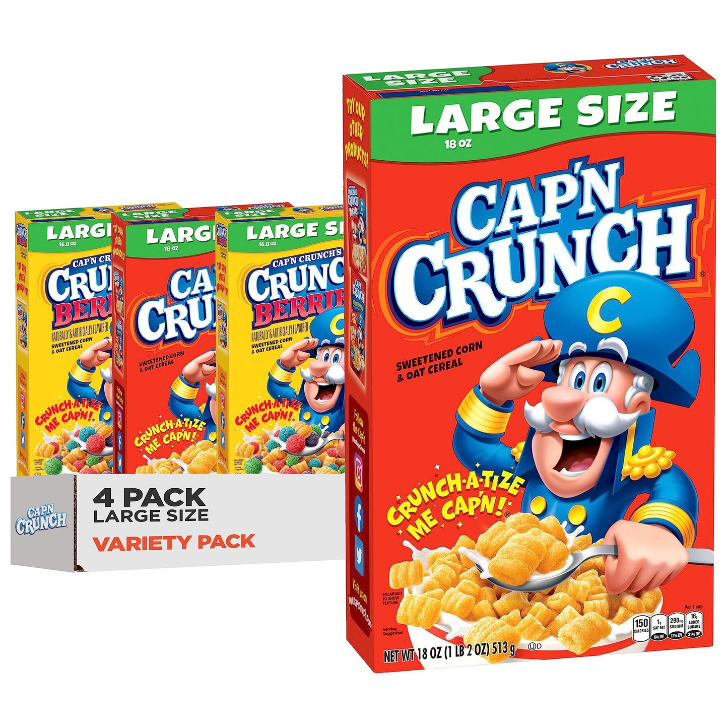 Cap&amp;#39;n Crunch Cereal, Original &amp;amp; Crunch Berries Variety Pack, Large Size Boxes, (4 Pack)