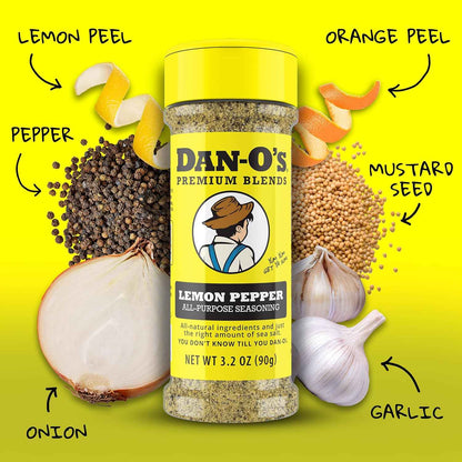 Dan-O’s Lemon Pepper Seasoning, 3.2 oz (2 Pack) – Zesty Citrus & Black Pepper Spice Blend – No Citric Acid, No Sugar – All Purpose Seasoning for Chicken, Fish, Seafood & Vegetables