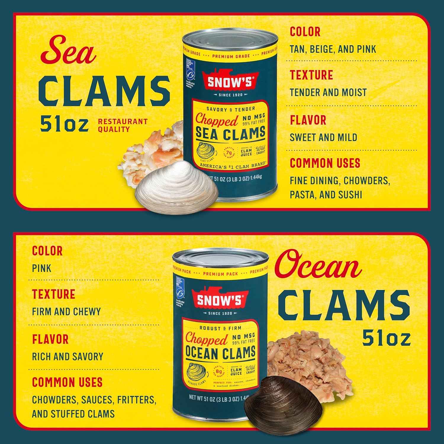 Snow's Ocean Chopped Clams Canned, Can - 7g Protein per Serving - Gluten Free, No MSG, 99% Fat Free - Great for Pasta & Seafood Recipes