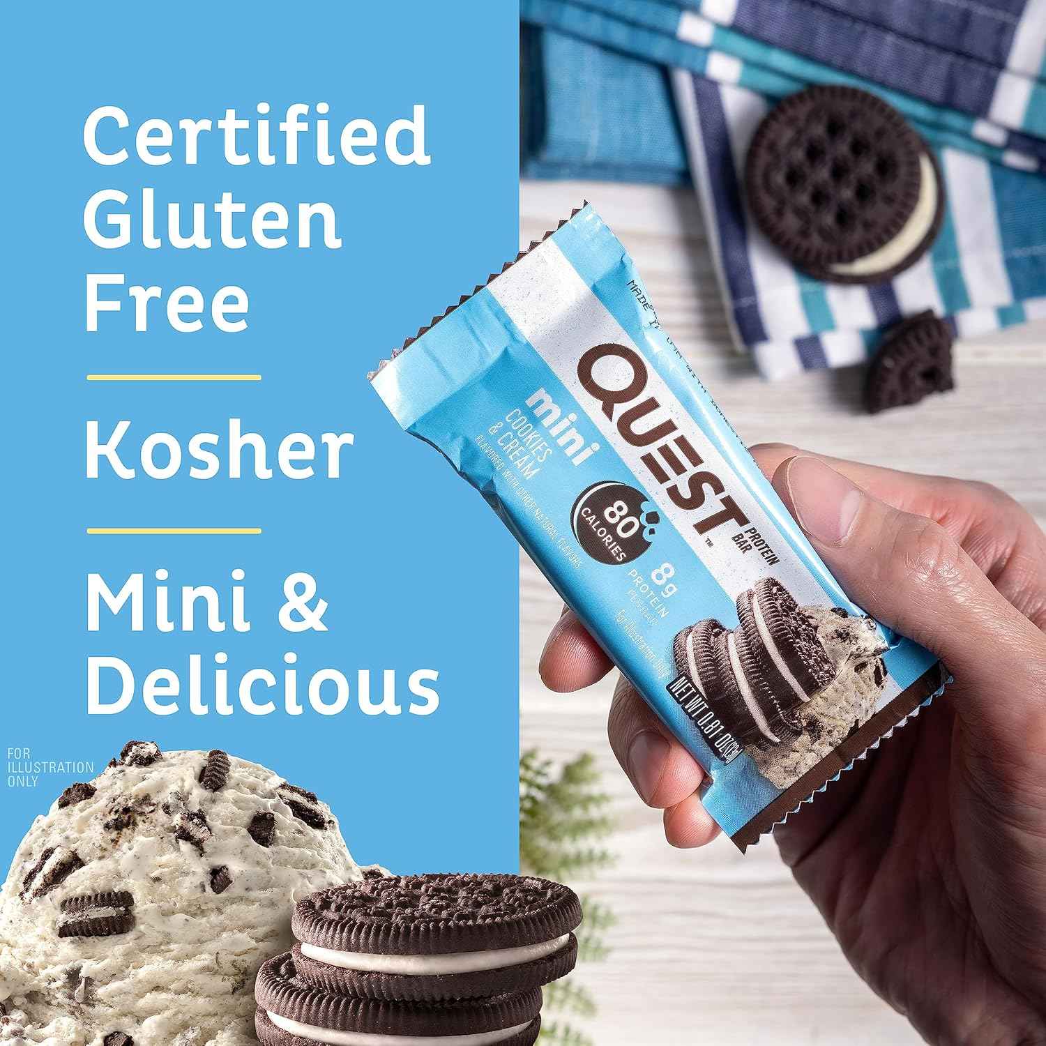 Quest Nutrition Mini Cookies & Cream Protein Bars, 8g Protein, 1g Sugar, 2g Net Carbs, Gluten Free, 14 Count