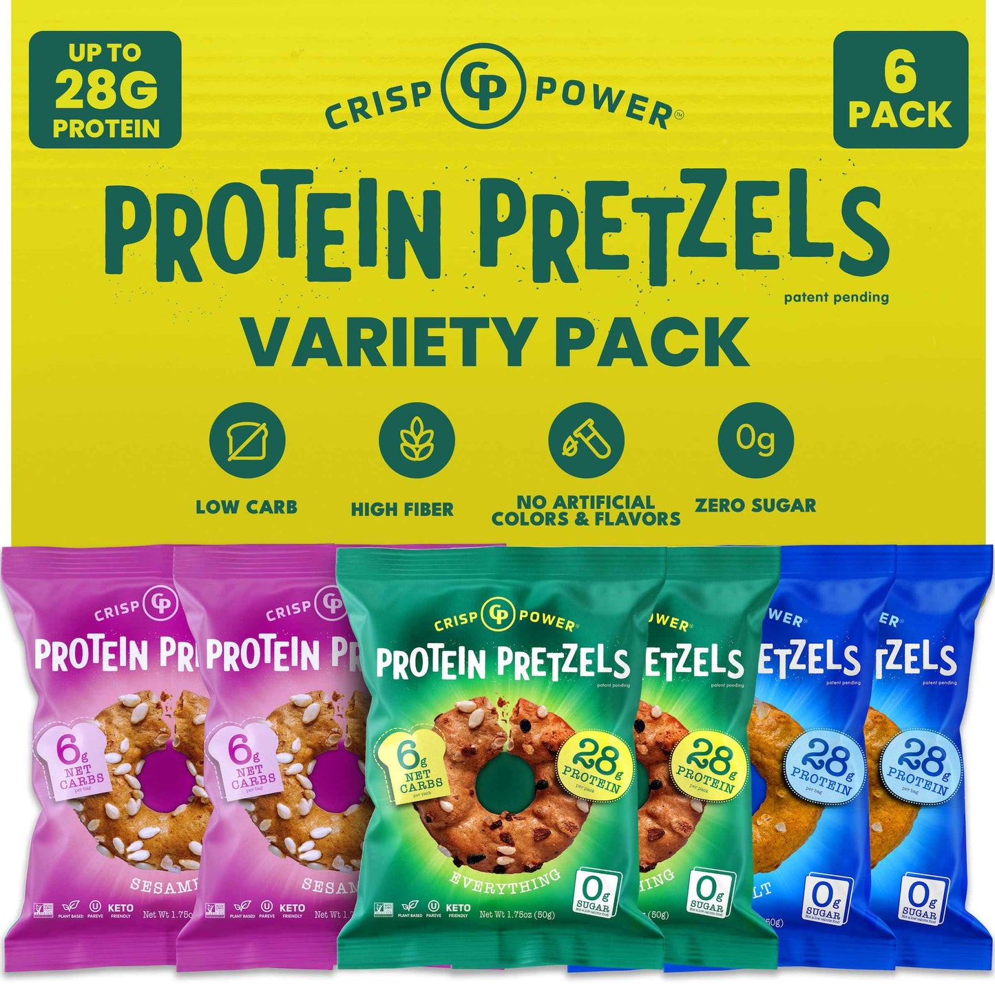 CRISP POWER Protein Pretzels, Variety Pack With Sea Salt, Sesame, & Everything, Up To 28G Protein, High Protein Snack, High Fiber, Low Carb Crunchy Pretzel Snacks, No Added Sugar, 1.75 oz Bags, 6 Pack, Vegan, Keto