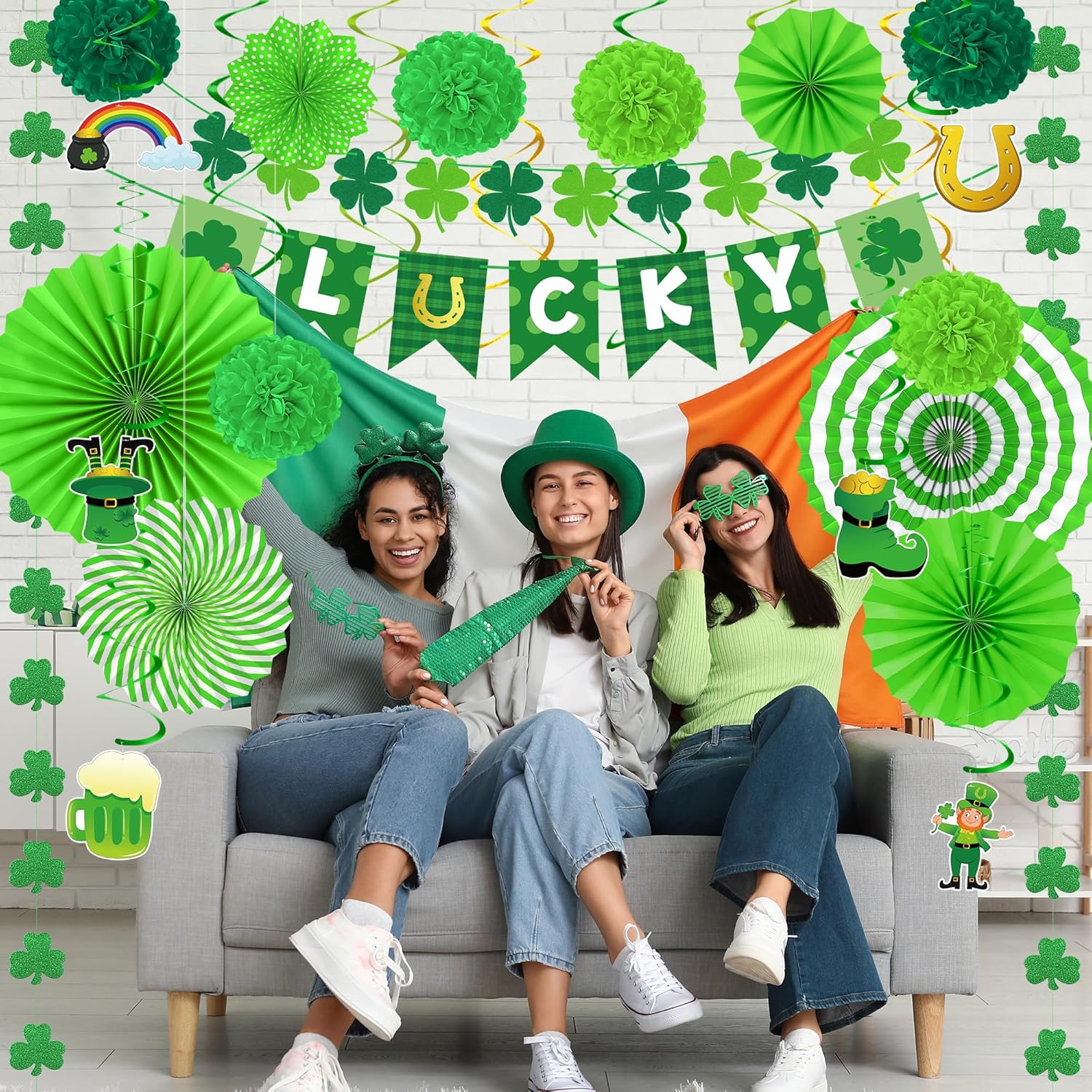 28_PCS_St_Patricks_Day_Decorations,_Green_St_Patricks_Day_Paper_Fan_Set,_Shamrock_Decorations_with_Paper_Fans_Pompoms,_Cards_and_Swirls,_Banner_and_Garlands,_Green_Party_Decorations_for_Home