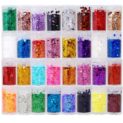 32 Pack Chunky Mix Holographic Glitter - Face Glitter, Nail Glitter, Chunky Fine Glitter, Craft Glitter for Crafts, Makeup &amp;amp; Body, Festival Chunky Glitter, Cosmetic Grade