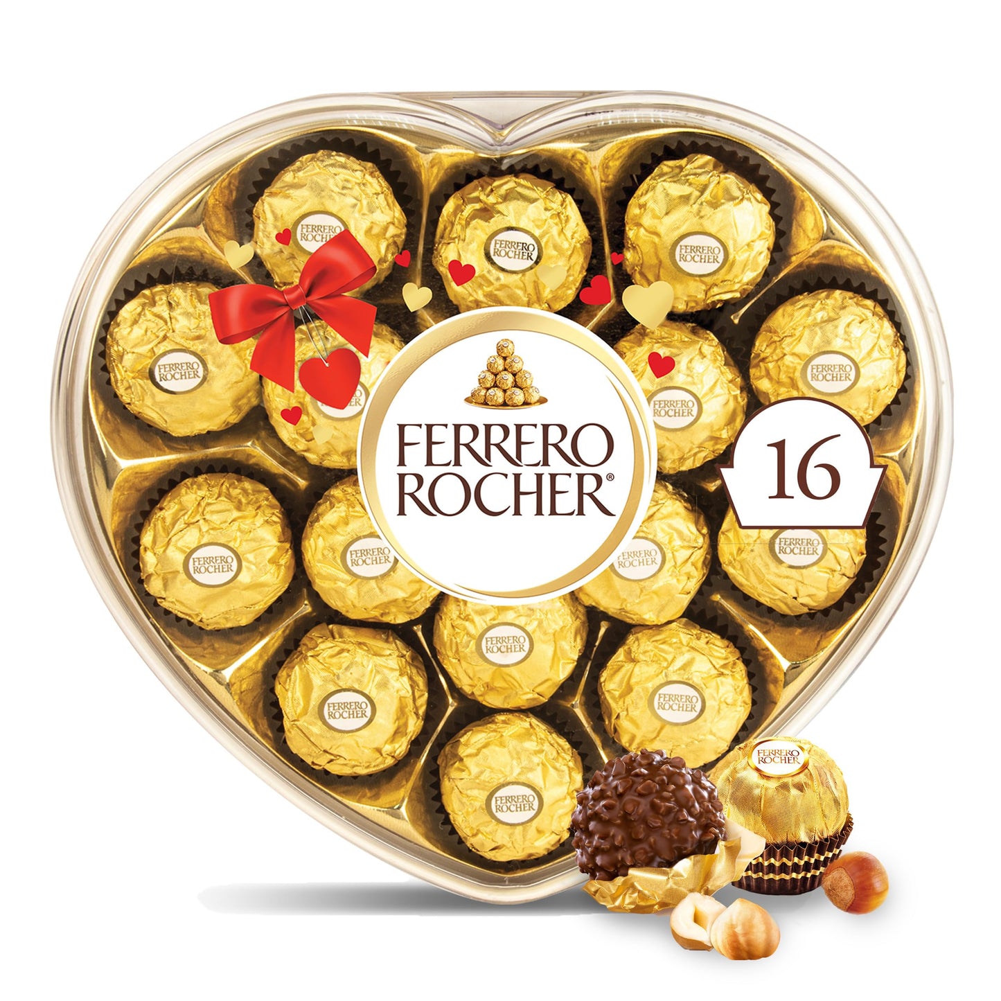 Ferrero Rocher Fine Hazelnut Chocolates, Valentine’s Day Heart Gift Box, 16 Piece Premium Chocolate for Gifting, 7 oz