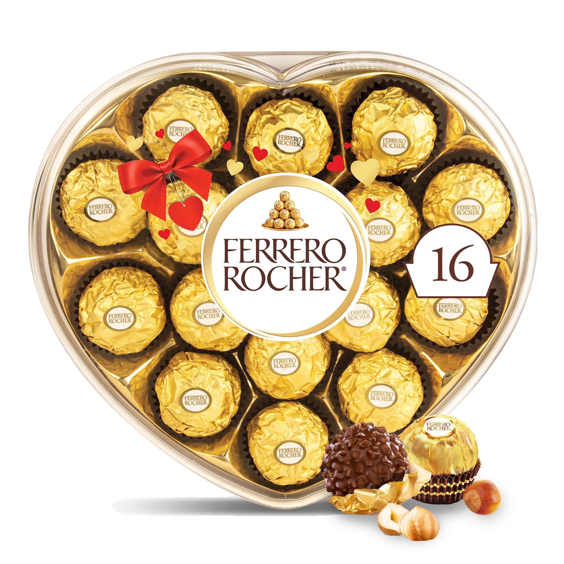 Ferrero Rocher Fine Hazelnut Chocolates, Valentine’s Day Heart Gift Box, 16 Piece Premium Chocolate for Gifting, 7 oz