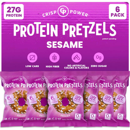 CRISP POWER Protein Pretzels, Variety Pack With Sea Salt, Sesame, & Everything, Up To 28G Protein, High Protein Snack, High Fiber, Low Carb Crunchy Pretzel Snacks, No Added Sugar, 1.75 oz Bags, 6 Pack, Vegan, Keto
