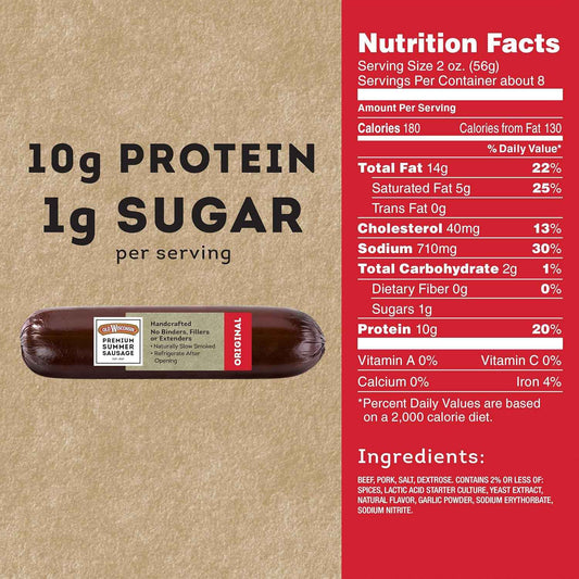 Old Wisconsin Premium Summer Sausage, 100% Natural Meat, Charcuterie, Ready to Eat, High Protein, Low Carb, Keto, Gluten Free, Original Flavor