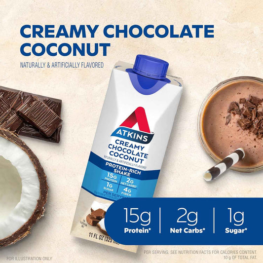 Atkins Creamy Chocolate Coconut Protein Shake, 15g Protein, 2g Net Carbs, 1g Sugar, Keto Friendly